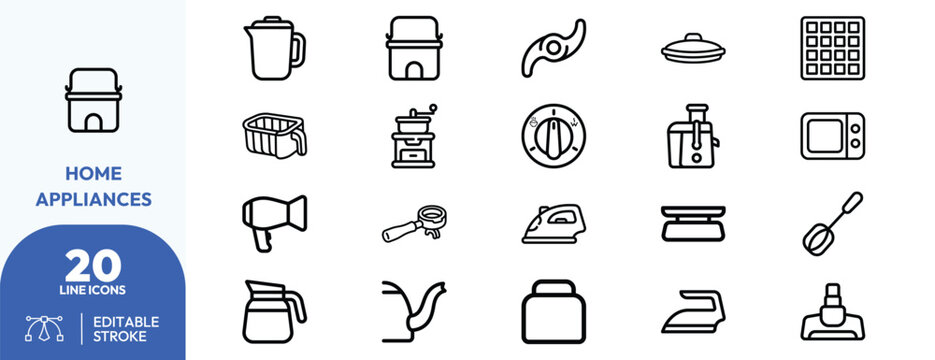 Home appliance set. French press, coffee grer, iron, mixer, slow cooker, toaster, steam iron, and vacuum. Editable stroke. Vector illustration.