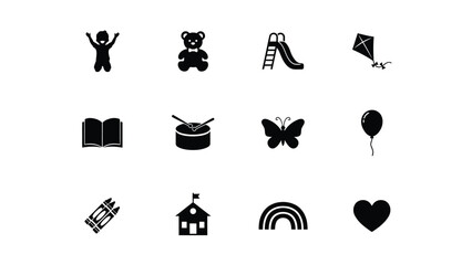 Obraz premium Playful childhood icons set of twelve minimalist black with flat design style bold outlines against neutral background showcases collection twelve