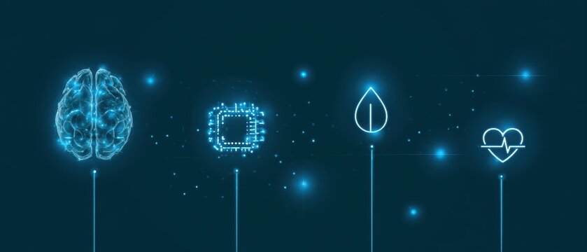 Future-focused technology landscape uniting AI, blockchain, sustainability, healthcare, and digital transformation to shape a smarter and more resilient world