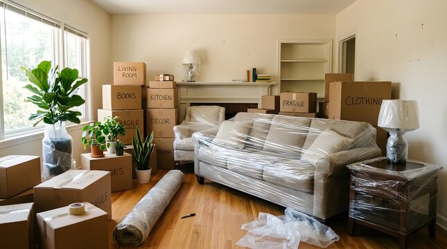 Living room filled with cardboard boxes