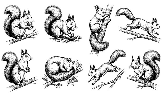 Hand Drawn Squirrel Wildlife Sketch Vector Illustration Collection