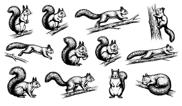 Squirrel Sketch Vector Collection in Different Poses Black and White