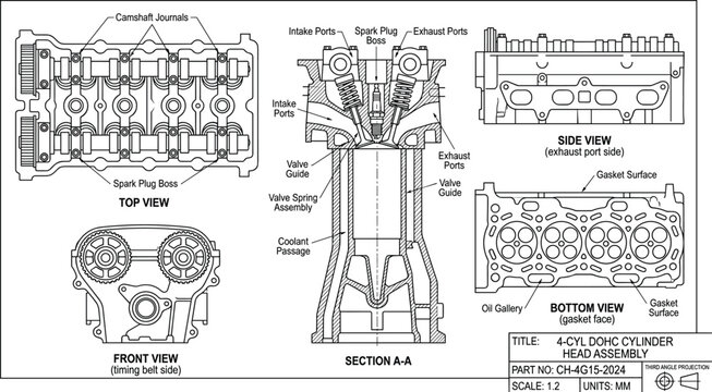 Technical CAD Engineering Drawing of Four Cylinder DOHC Cylinder Head Assembly with Section Views
