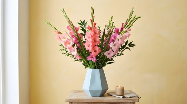 Pink gladiolus flowers in a gray vase