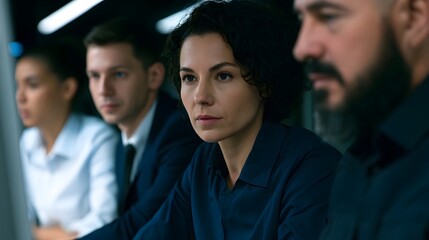 Obraz premium Four professionals seated in a dimly lit room focused on a screen displaying serious expressions and formal attire