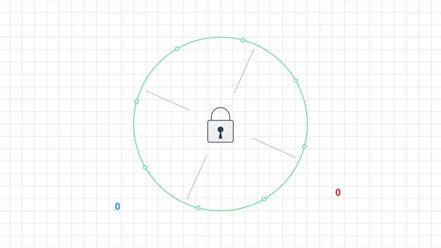 Digital security lock icon rotating with data bits on grid background