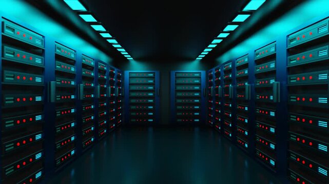 Futuristic server room hallway zoom in with blue overhead lights