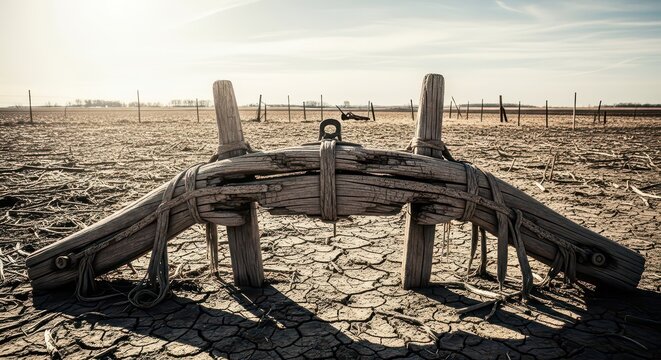 Abandoned Wooden Yoke in Cracked Earth of Drought-Stricken Farmland Under Harsh Sunlight