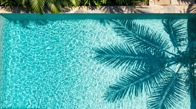 Palm tree shadow on blue swimming pool