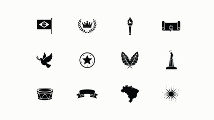 Obraz premium Black and white symbolic icons collection featuring flag crown flame scroll bird star laurel statue drum ribbon map spark with bold outlines against neutral background