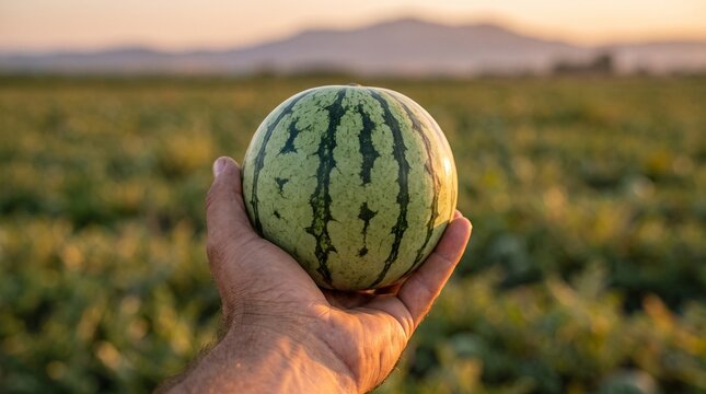 Farmer holding a fresh small watermelon in a field at sunset