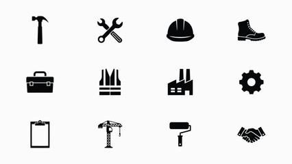 Fototapeta premium Minimalist black construction and industrial equipment icon set collection with representing essential construction twelve distinct black contrast grid twelve