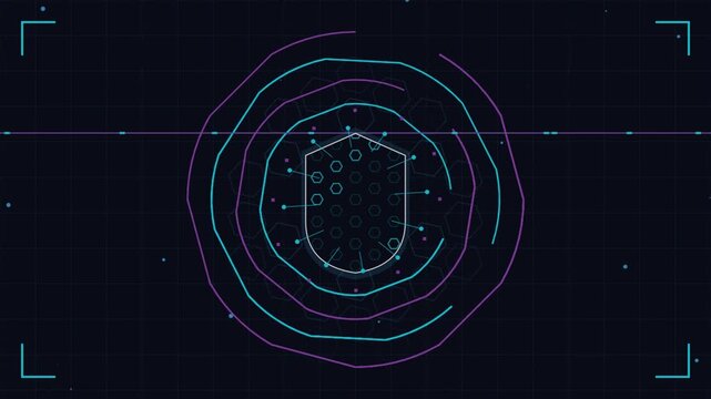 Futuristic digital shield scanning with rotating hud circles