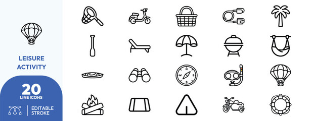 Outdoor adventure set. scooter, binoculars, tropical tree, beach umbrella, picnic basket, hammock, fishing rod, grill, campfire, paddleboard, life buoy. Editable stroke. Vector illustration. © khopidd232