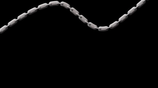 Silver metallic chain curved line isolated on black background 3d rendering abstract metal link design element