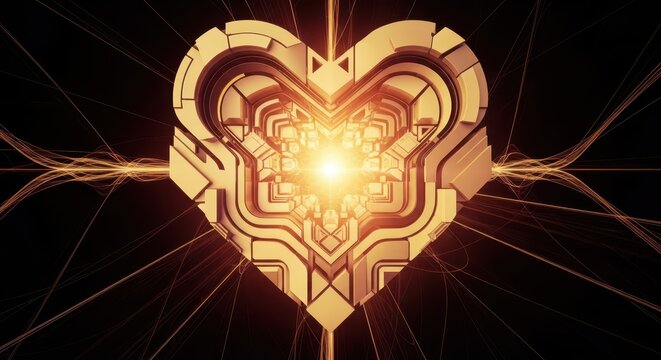 Abstract Golden Heart Shape with Intricate Geometric Patterns and Light Rays on Black Background