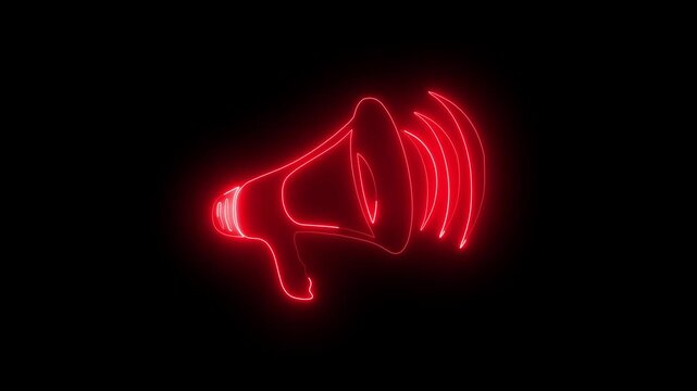 Abstract glowing red neon hand speaker icon with sound wave animation. Neon megaphone icon blue pink color animation black background.