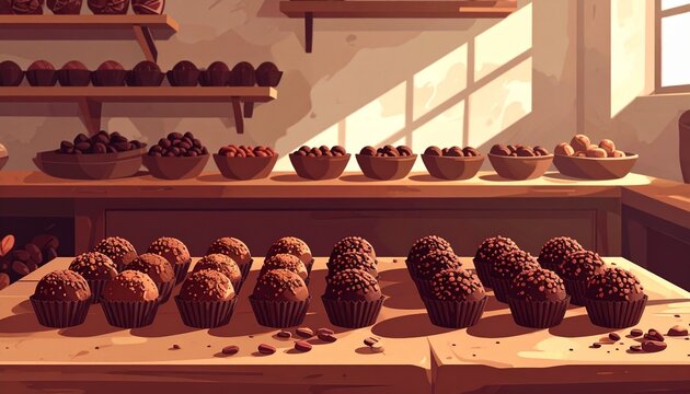 Freshly Baked Chocolate Muffins Displayed on Wooden Table.
