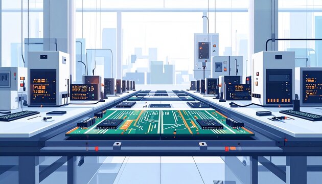 Modern semiconductor fabrication cleanroom with advanced equipment.