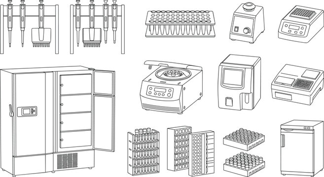 Technical line art grid featuring various scientific laboratory equipment and medical research instruments.