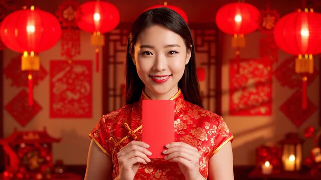 Women hold red envelopes during the Spring Festival and give them away during New Year greetings