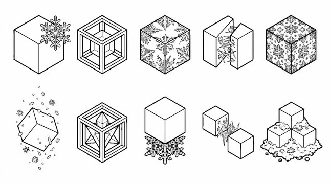 A collection of isometric line art illustrations featuring various stylized ice cubes and winter themed geometric shapes.