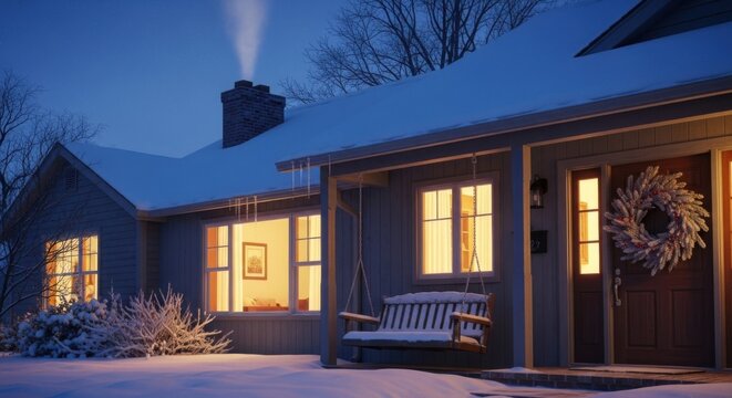 Cozy house exterior at twilight with snow covered roof and warm glowing windows in winter
