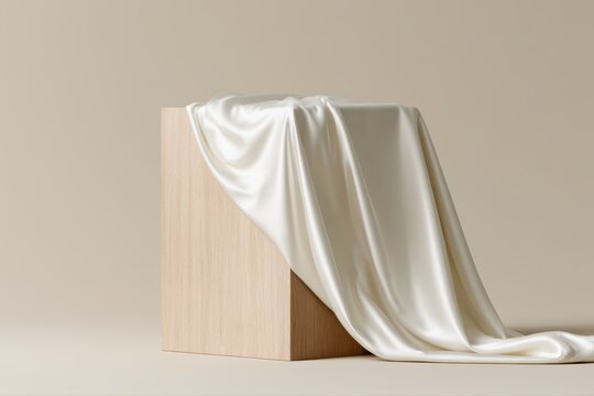 Minimal wooden display podium draped with silky fabric in neutral pastel tones, high end cosmetic product presentation scene