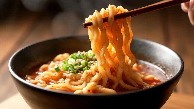 Close up of noodles in a bowl with chopsticks, steaming hot Korean ramen
