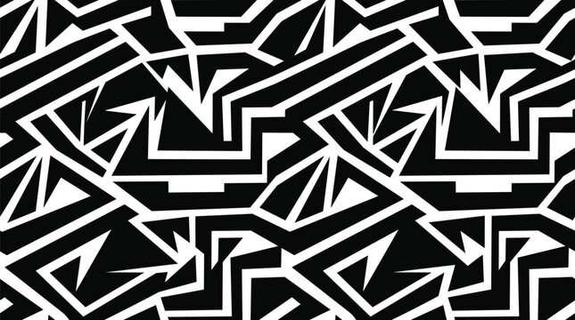 Abstract black and white geometric seamless pattern vector background with sharp lines, futuristic maze shapes, modern street art graffiti texture, and tech ornament