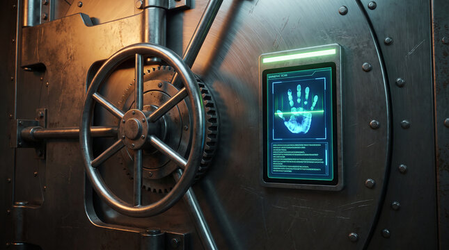 Close up view of metallic vault door with biometric hand scanner security pad and circular mechanical locking handle.