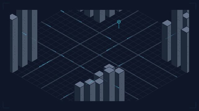 Isometric data visualization showing 3d bars on a digital grid