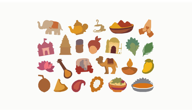 Indian Culture Retro Cartoon Sticker Set with Elephant Namaste Food and Traditional Symbols Vector