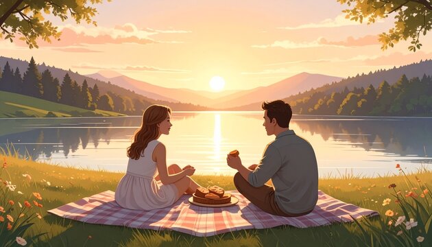 Couple enjoying romantic picnic by serene lake at sunset.