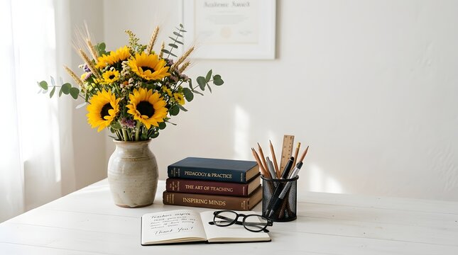 Beautiful sunflower bouquet on a desk with books for a special teachers day celebration