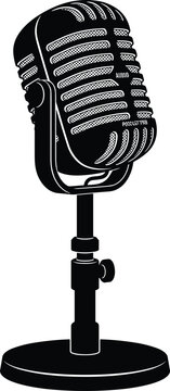 Classic retro black dynamic microphone on stand vector illustration isolated on white background, vintage audio mic icon for jazz singing, radio broadcast, and podcasting.