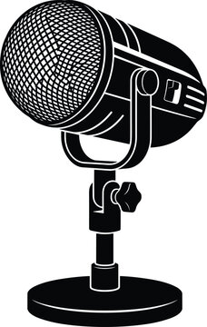 Vintage black studio microphone on stand vector illustration isolated on white background, retro audio mic icon for podcasting, broadcasting, interviewing, and music recording.