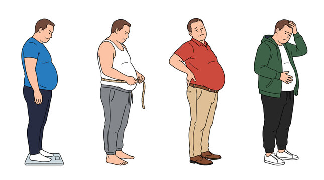 Four men of different sizes showing weight loss journey, obesity and body shape variation, measurement tape and scale, health and fitness concept