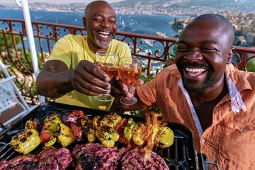 Fototapeta premium Two men laughing and clinking glasses over a sizzling barbecue on a balcony, featuring charred vegetables and a scenic coastal bay for family lifestyle visuals