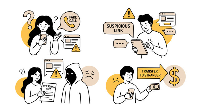 Set of four illustrations depicting online scam risks, showing phone scams, suspicious links, hacking threats, and financial fraud, in a simple line