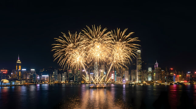 Colorful fireworks display over city skyline at night