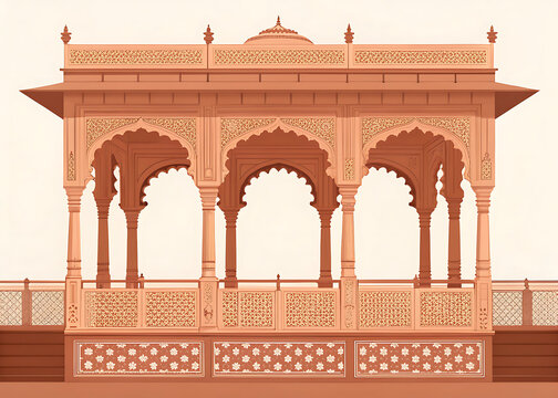 flat lay ofEmpty palace balcony featuring intricate Rajput architecture, minimal vector artwork, muted terracotta colors, premium background.