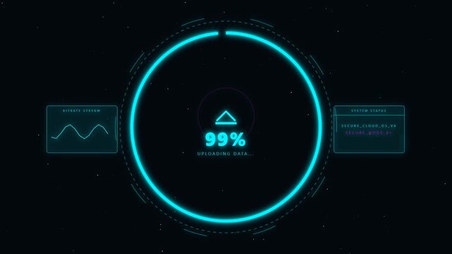 Futuristic HUD Interface Showing Uploading Data Progress Bar with Percentage and System Status Graphs