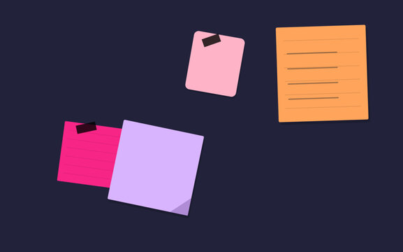 Set of colorful sticky notes on dark background for business task reminders and office organization with reminder