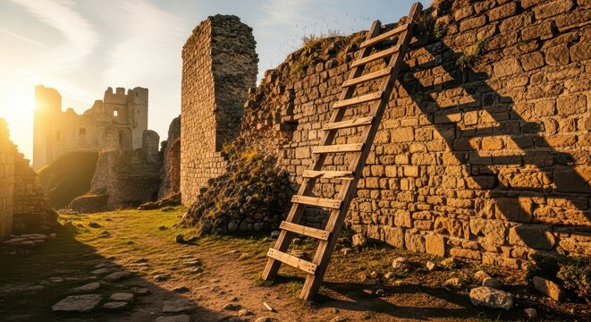 Ancient stone castle ruins with wooden ladder against sunlit wall at golden hour, evoking history and adventure
