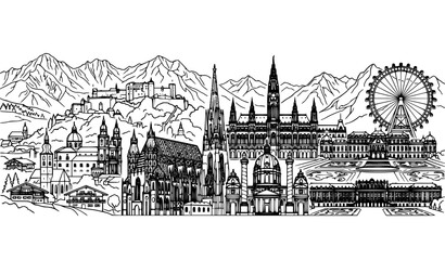 Fototapeta premium Austria Panorama Outline Vector Illustration with Famous Landmarks and Architecture