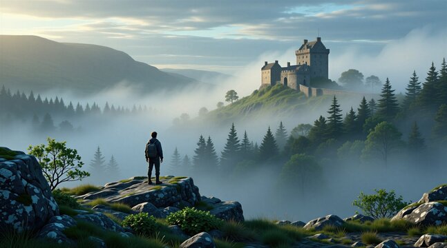Man looks at castle on hill in fog. Misty Scottish highlands have pine trees and rocks. Person explores ancient fortress on a remote mountain path.