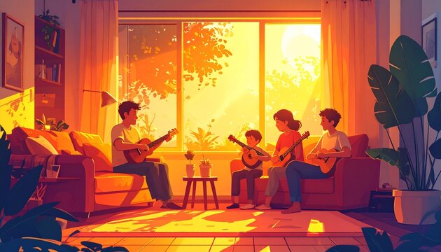 Elegant family gathering in warmly lit living room.