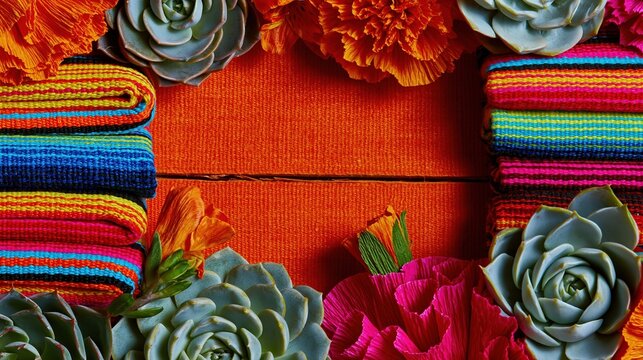 Vibrant orange wooden background framed by Mexican serape blankets and succulents, a festive overhead flat lay with copy space for cultural celebrations