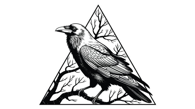 Graphic black and white crow isolated on white background vector illustration featuring an old wise bird on tree branch